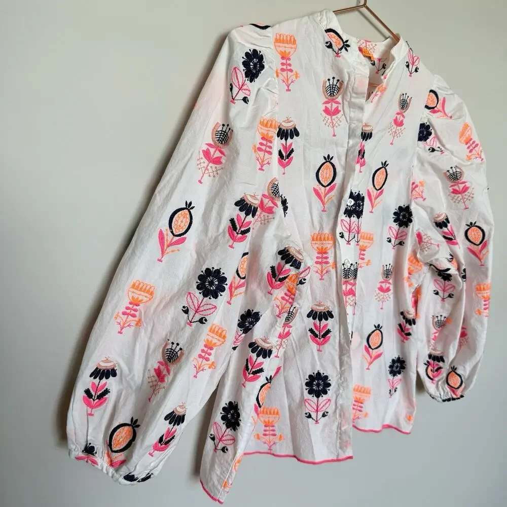 Vilagallo Womens Neon Embroidered Blouse Large 44 Colorful Boho Quiet Luxury